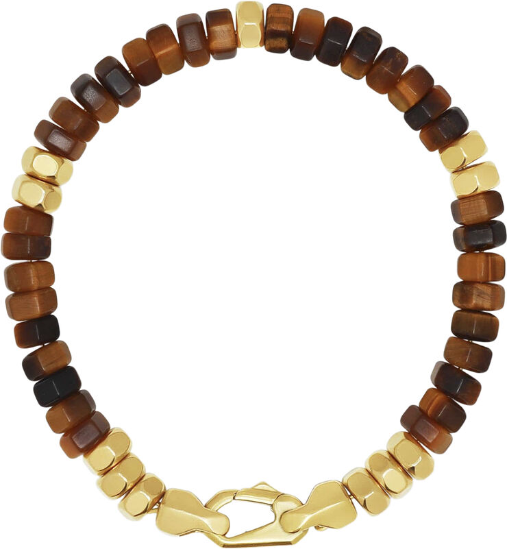 Nialaya Men's Hexagon Beaded Bracelet with Tiger Eye and Gold Brown