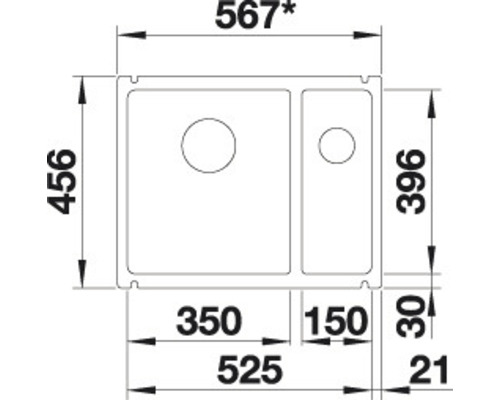 Blanco SUBLINE 350/150-U spoelbak, 567 x 456 mm, basalt, 523746, 1 bak, met bijbak, zonder afdruipgedeelte, bak links