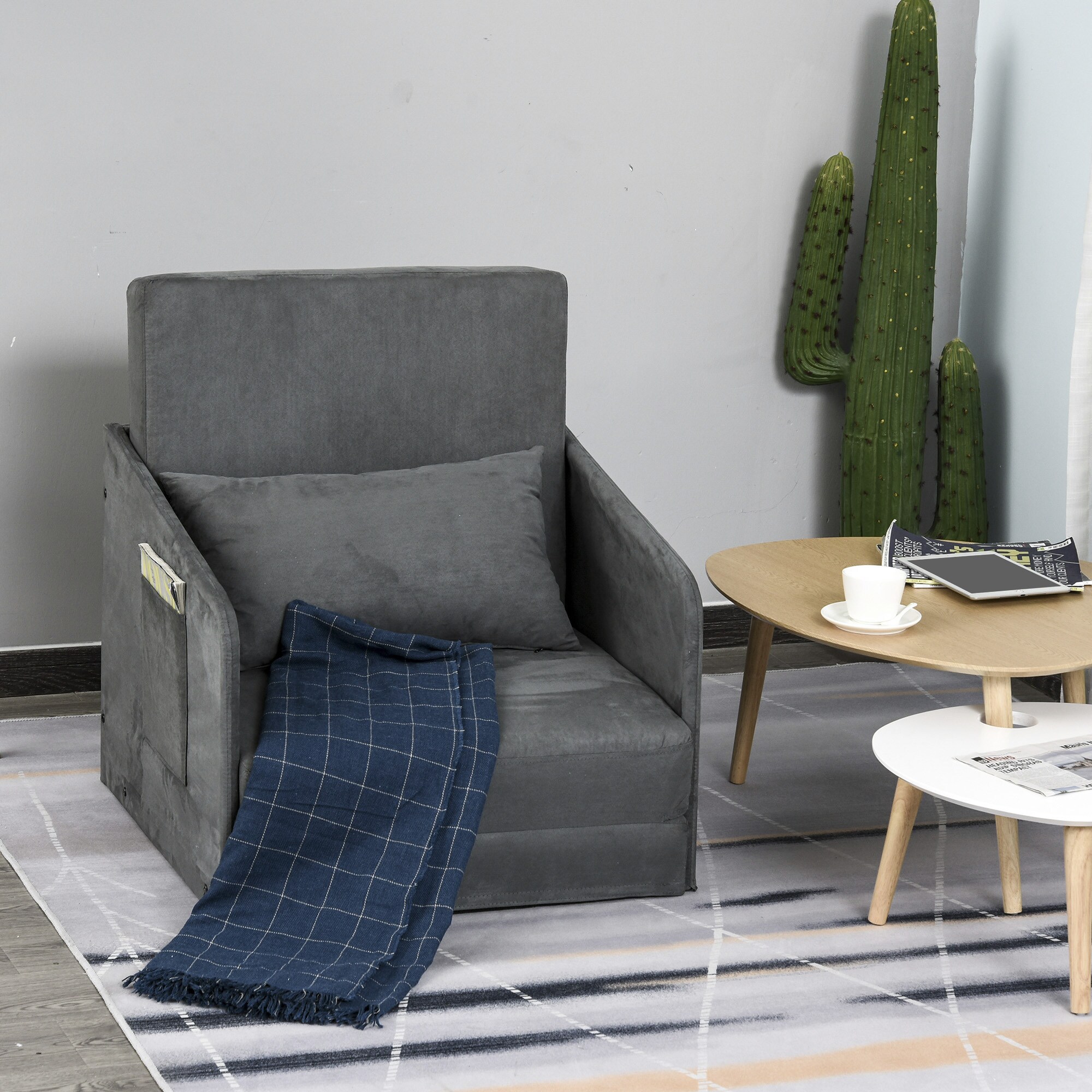 HOMCOM Klappbarer Schlafsessel mit 2 Seitentaschen grau 70 x 74 x 78 cm (BxTxH)