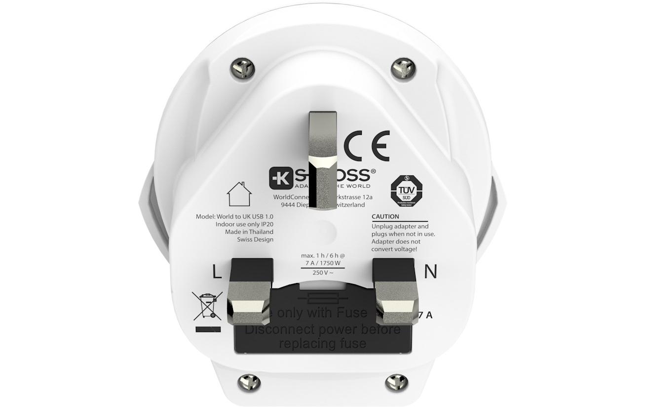 Reiseadapter World UK mit USB LadegerätKompakter Reisestecker World zu Grossbritannien mit USB Ladeanschluss