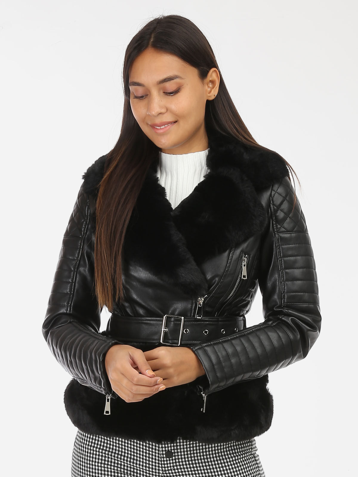 Blouson simili et fausse fourrure- Noir