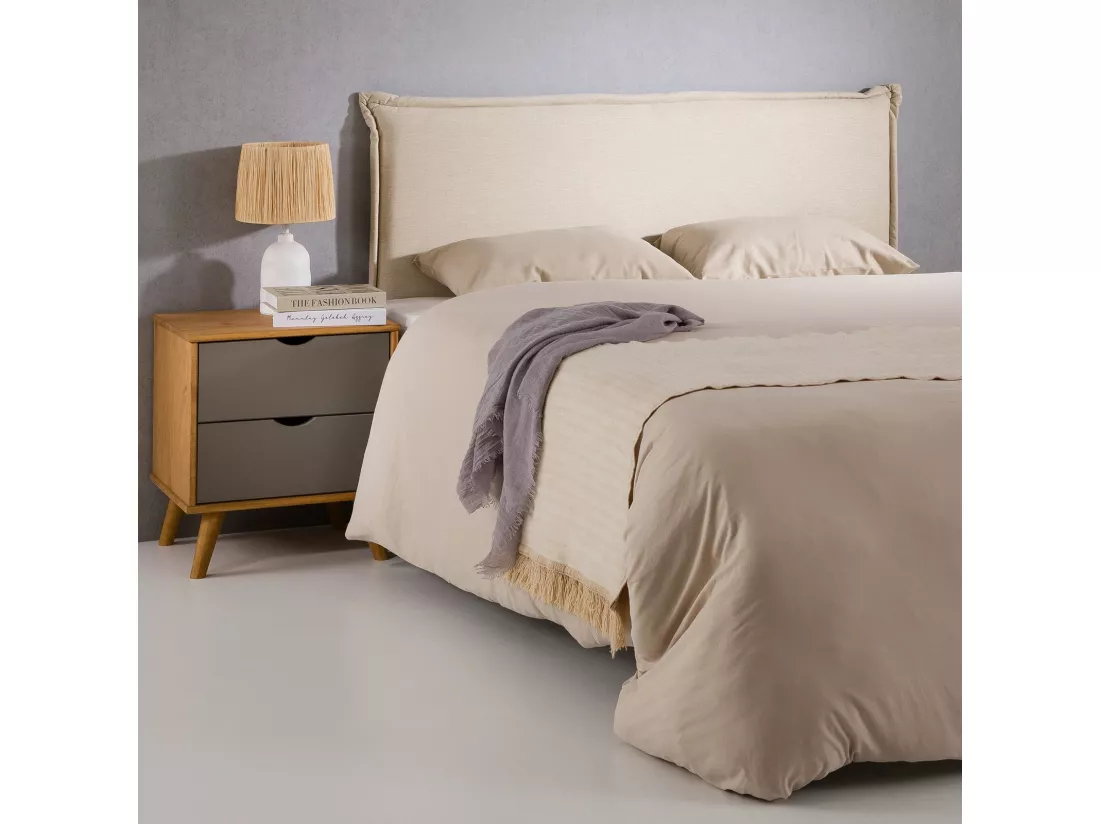 Tête de lit BASOL 120 rembourrée, En tissu polyester pour lit 120 cm, Sur pieds en bois, Écru