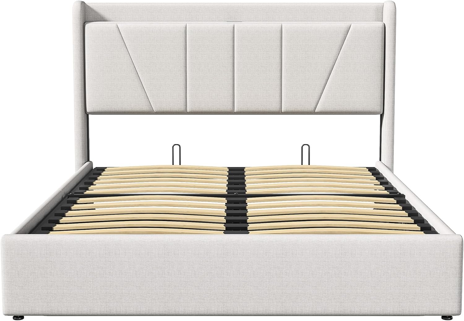 Polsterbett 160x200 mit Stauraum, Hydraulisch Stauraumbett, Doppelbett mit USB und kopfteil, Bettgestell mit Lattenrost, Bettrahmen für Erwachsene, Leinen (Beige, 160 x 200 cm)