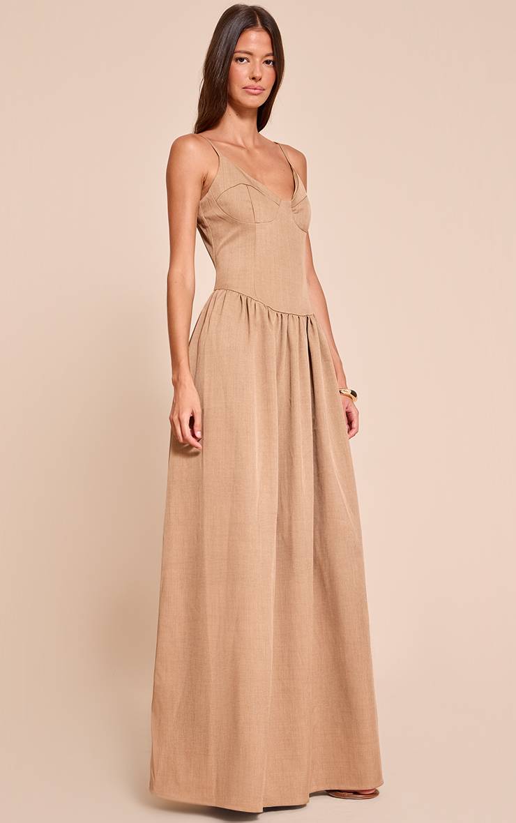 Taupe Robe Longue À Détail Bustier Avec Bretelles En Tissu Tissé