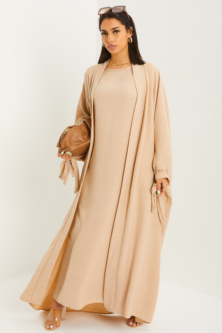 Ensemble effet lin 2 pièces kimono + robe beige