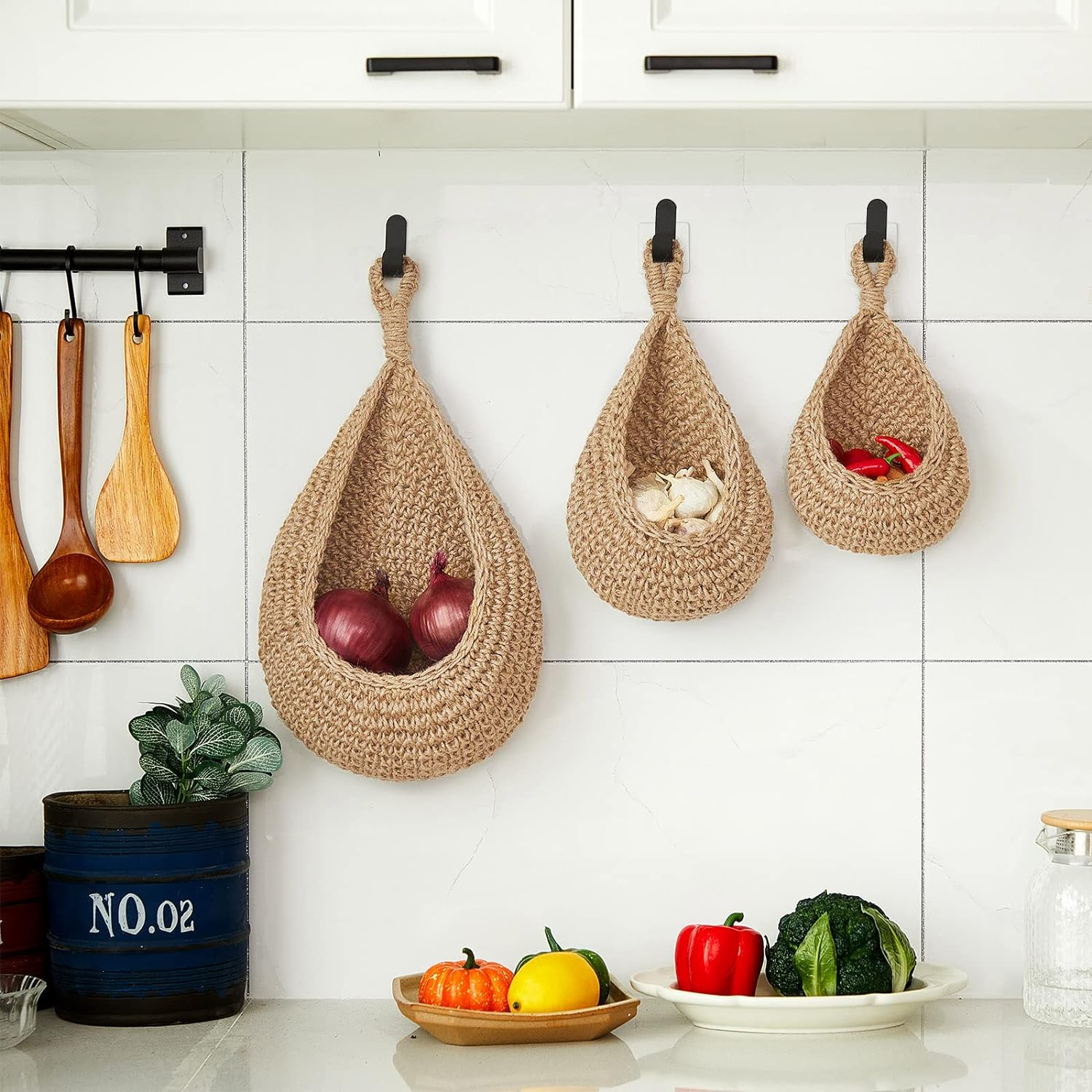 (25x19cm) Hängender Jute Wand Korb Home Accessoire Deko Organizer für Obst / Gemüse / Pflanzen - Braun