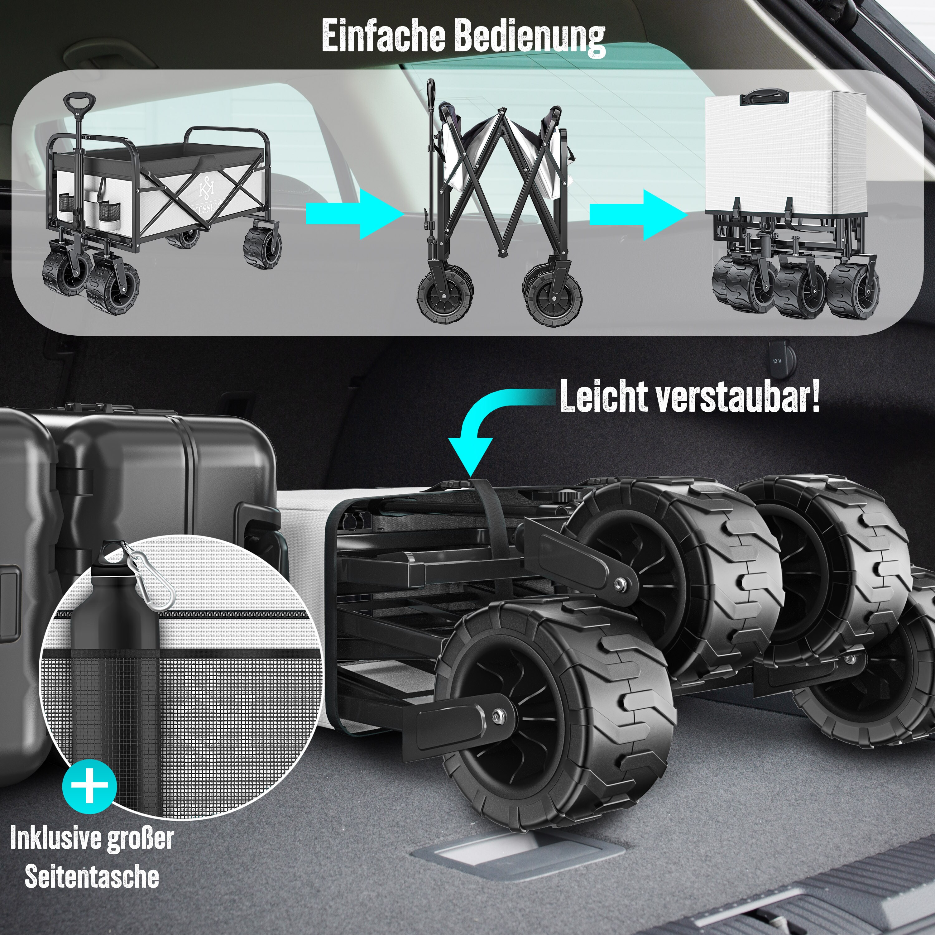 KESSER® Bollerwagen faltbar mit Breite Reifen Handwagen Transportkarre Gerätewagen | inkl. 2 Netztaschen | klappbar | Kunststoff-Reifen | bis 120 kg Tragkraft transportwagen Gartenanhänger