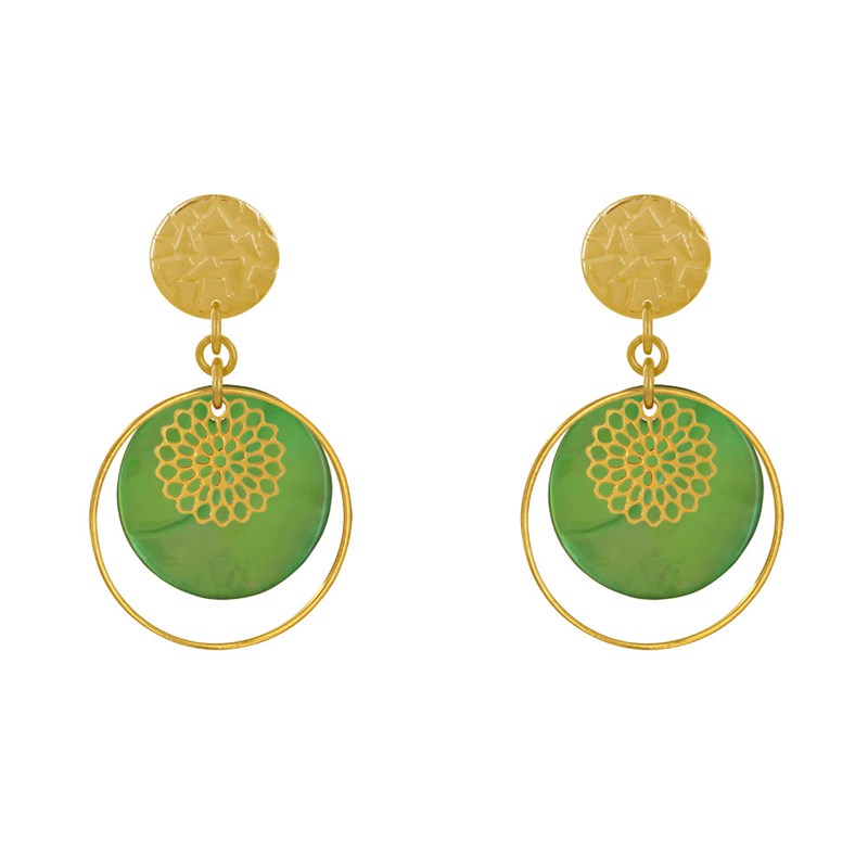 Boucles d'Oreilles Clous Métal Doré Cercle et Pastille de Nacre