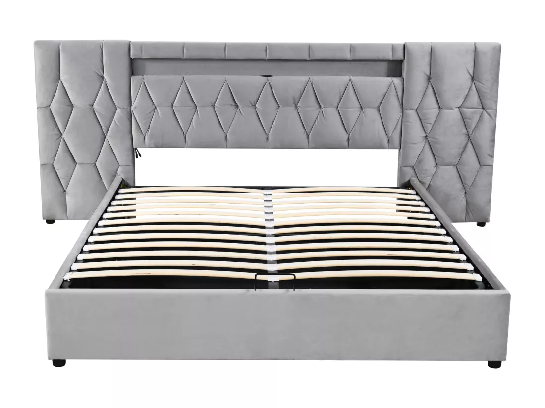 Lit coffre 180x200 cm en velours - avec LED et prise USB - Gris