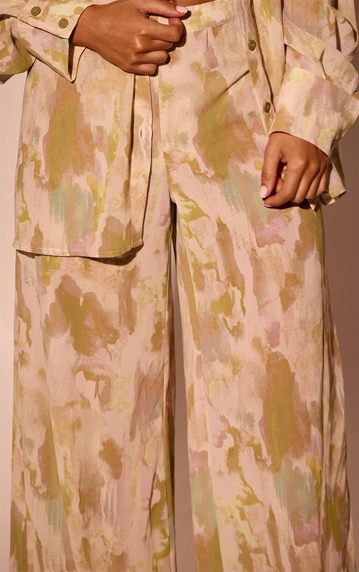Vert Olive Pantalon De Plage En Mousseline À Imprimé Abstrait