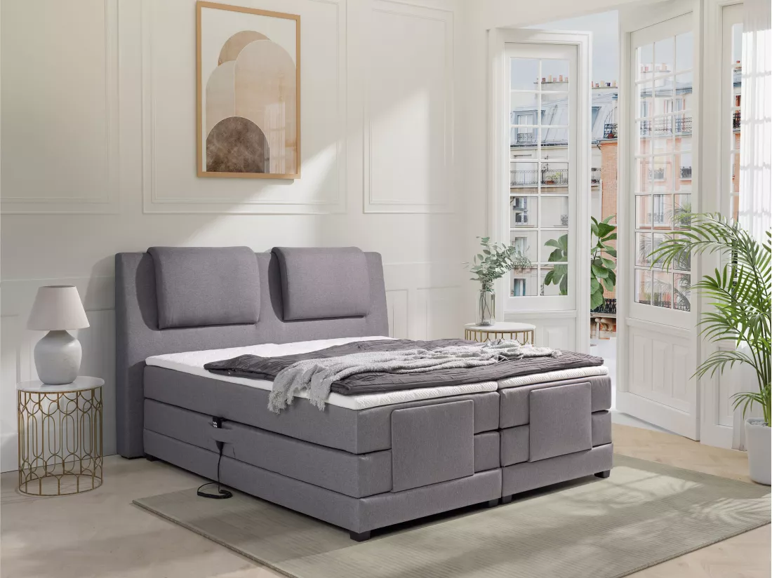 Ensemble complet boxspring tête de lit + sommiers relaxation électrique + matelas + surmatelas - 2 x 90 x 200 cm - Tissu - Gris clair - CASTEL II de PALACIO