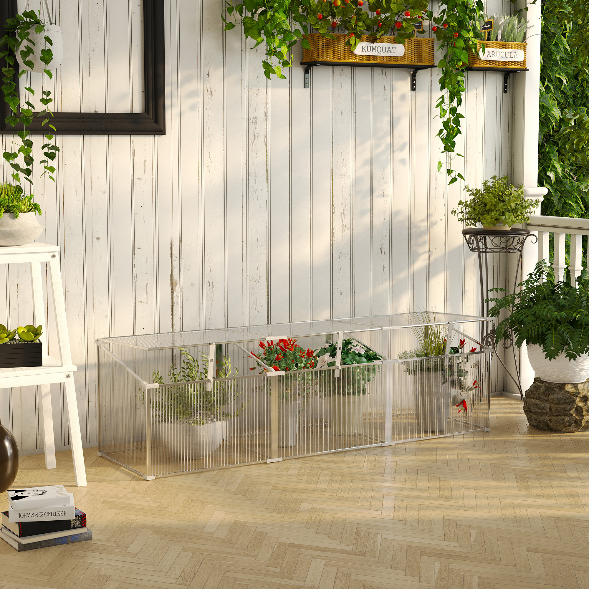 Estufa de jardim Outsunny em policarbonato e alumínio, 180x51x51 cm, com 3 coberturas ajustáveis, proteção UV30+, para horta, terraço ou pátio. Transparente.