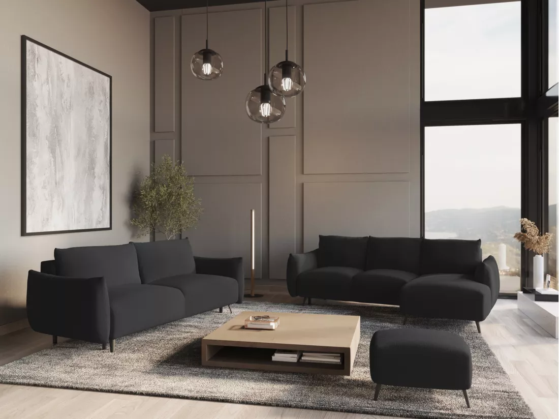 Canapé d'angle panoramique convertible en tissu chenille - anthracite - MALIE