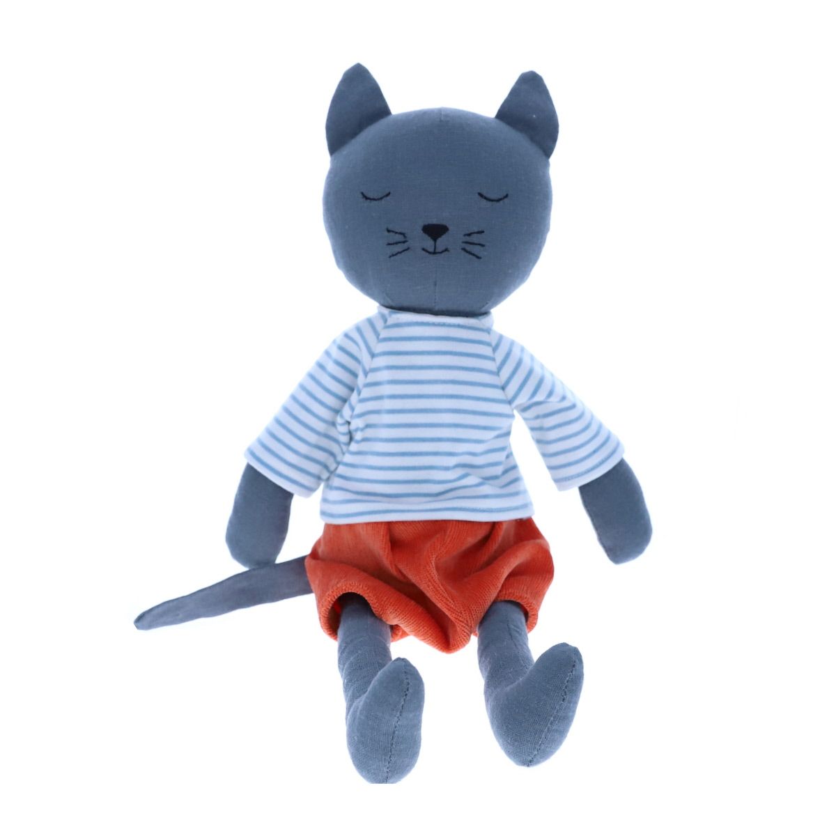 Peluche chat en tissu marinière pantalon rouille Frisette