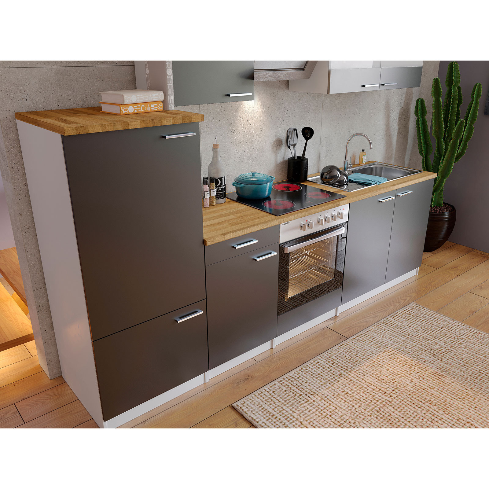 RESPEKTA Küchenblock - grau-weiß - mit E-Geräten - 270 cm