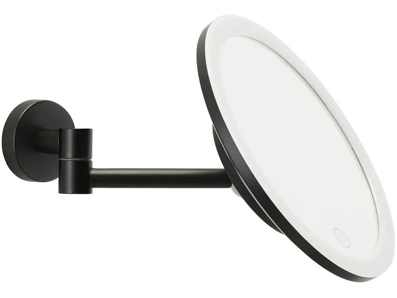 tesa Kosmetikspiegel Visioon LED, Schwarz Runder Vergrösserungsspiegel mit LED-Beleuchtung, fünffacher Vergrösserungsfunktion für Details