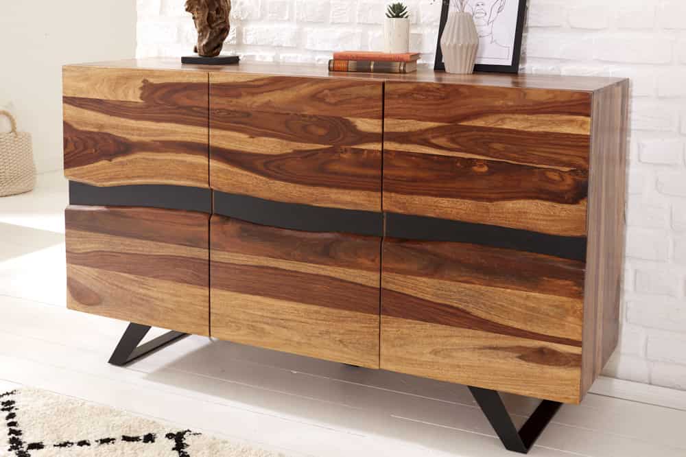 Massivholz Sideboard AMAZONAS 150cm braun Sheesham Baumkante schwarzes Metallgestell