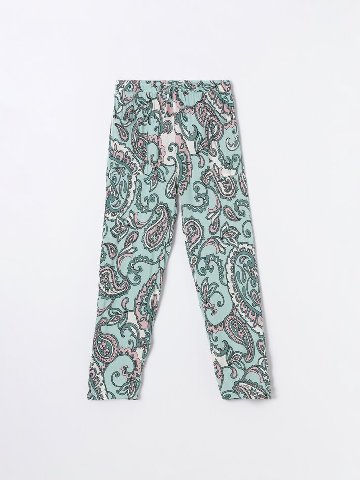 Calças fluidas estampadas - Verde Água