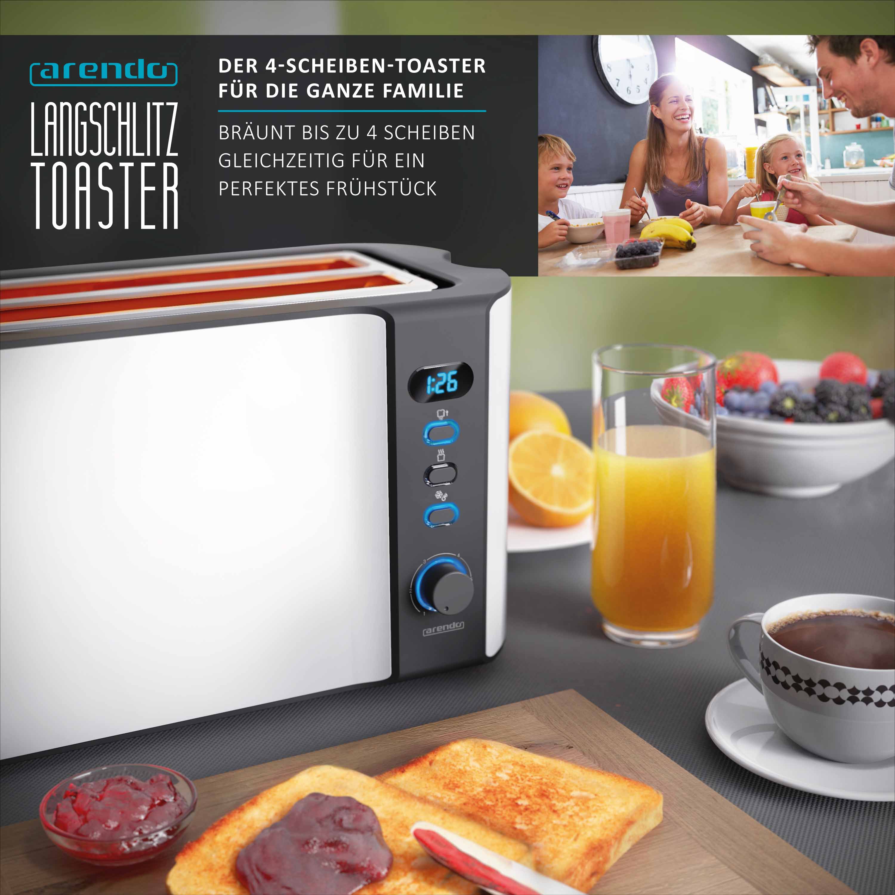 Arendo Automatik Langschlitz Toaster mit Brötchenaufsatz, Familientoaster für 4 Scheiben, Display, Auftaufunktion, Weiß