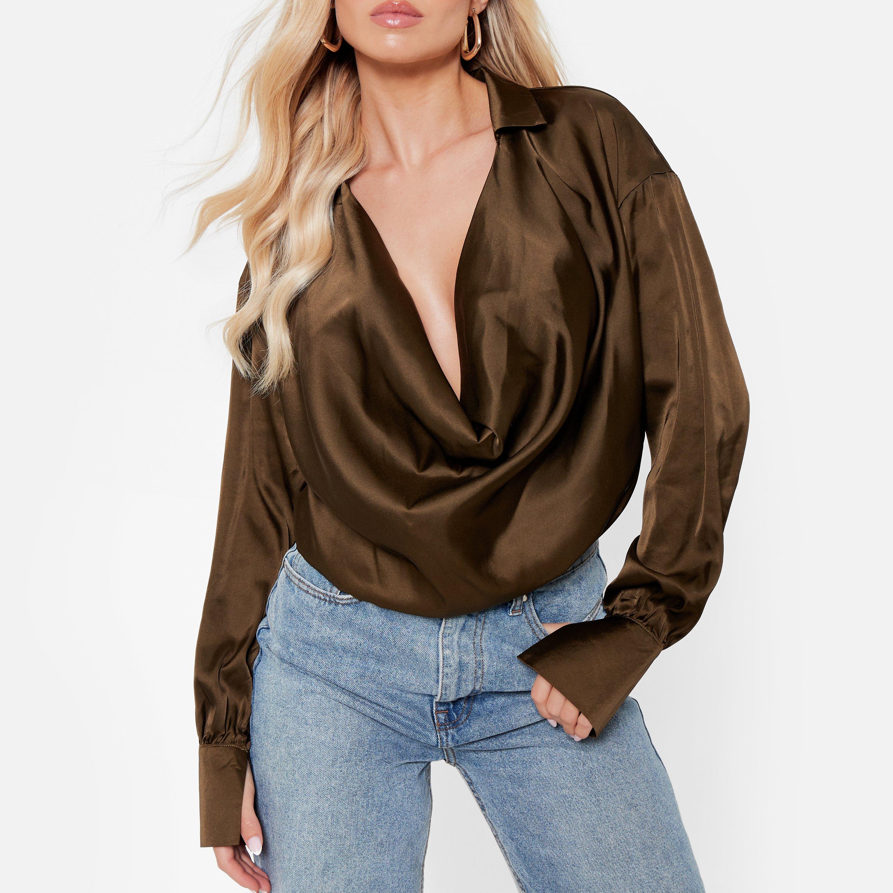 I Saw It First ISAWITFIRST Cowl Neck Plunge Satin Blouse