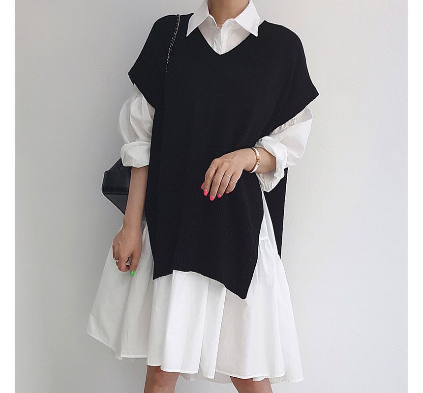 Coris - V-hals effen split trui vest / lange mouwen gelaagde A-lijn overhemdjurk