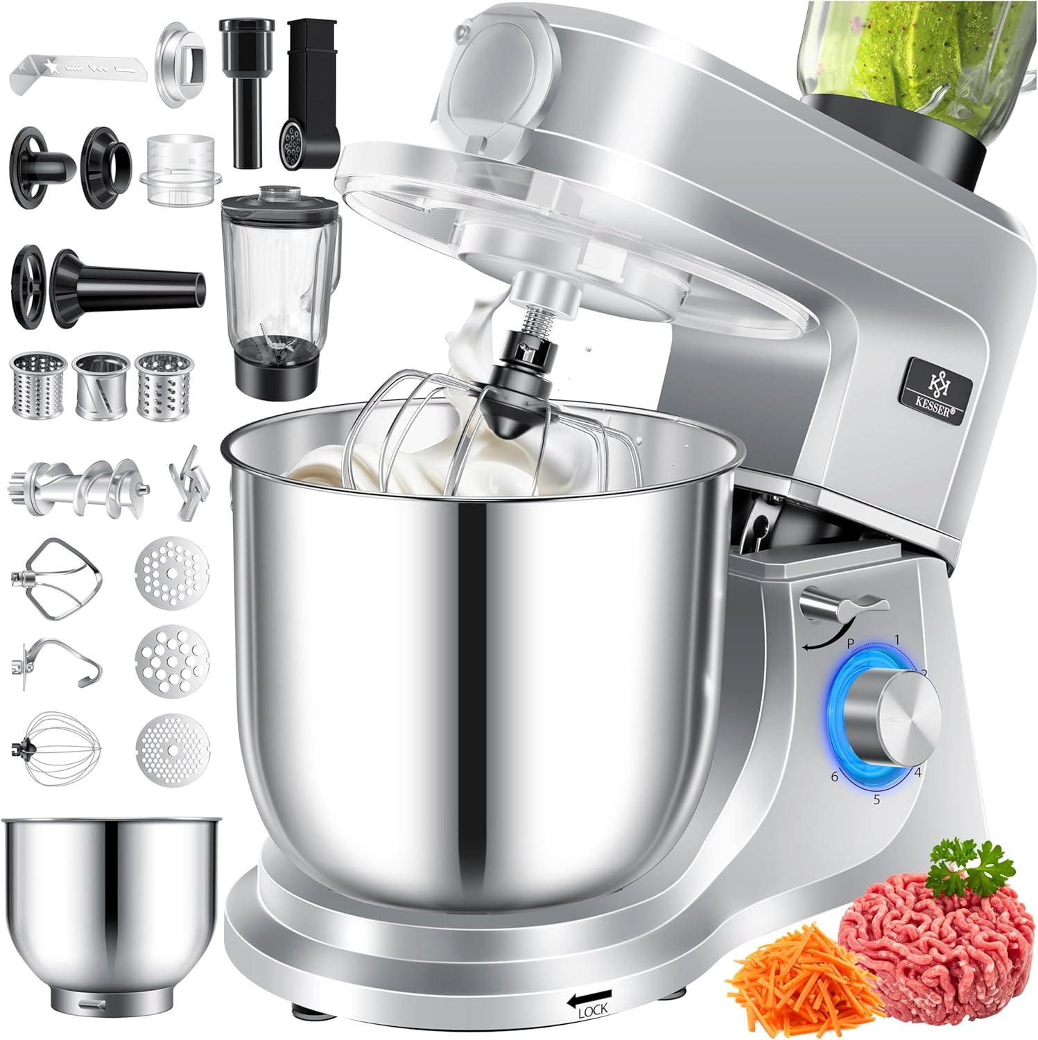 KESSER® 3 in 1 Universal Küchenmaschine K-KM 3000 mit Fleischwolf Knetmaschine Multifunktionale Rührmaschine 5,5L Schüssel mit 3 Rührwerkzeuge, 1,5L Entsafter, Zubehör-Set, Pasta & Gebäckformen
