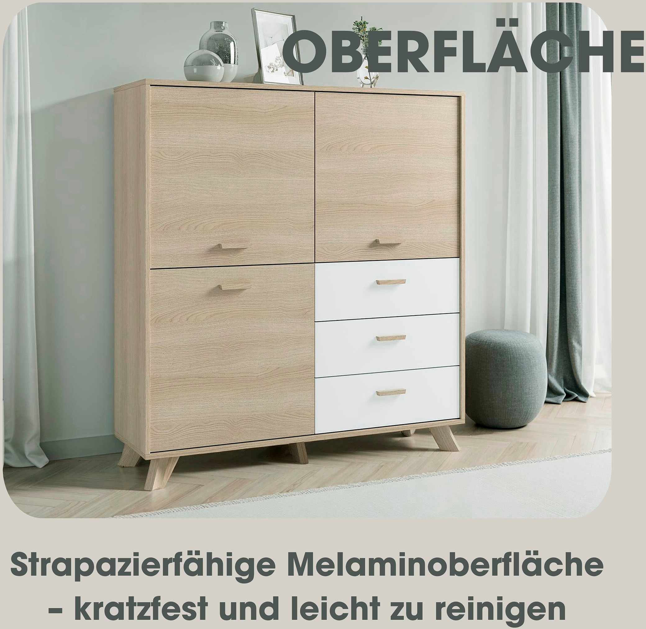 byLIVING Highboard »Bastian« 1 Stk. tlg. mit massiven Holzfüssen und Griffen, natürlicher Eichenlook, 120cm