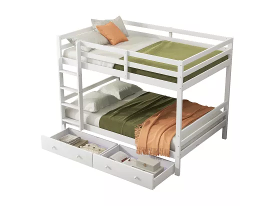 Lit superposés Lit jeune 140x200 cm Lits d'enfant avec tiroirs espace de rangement rampe haute, Blanc