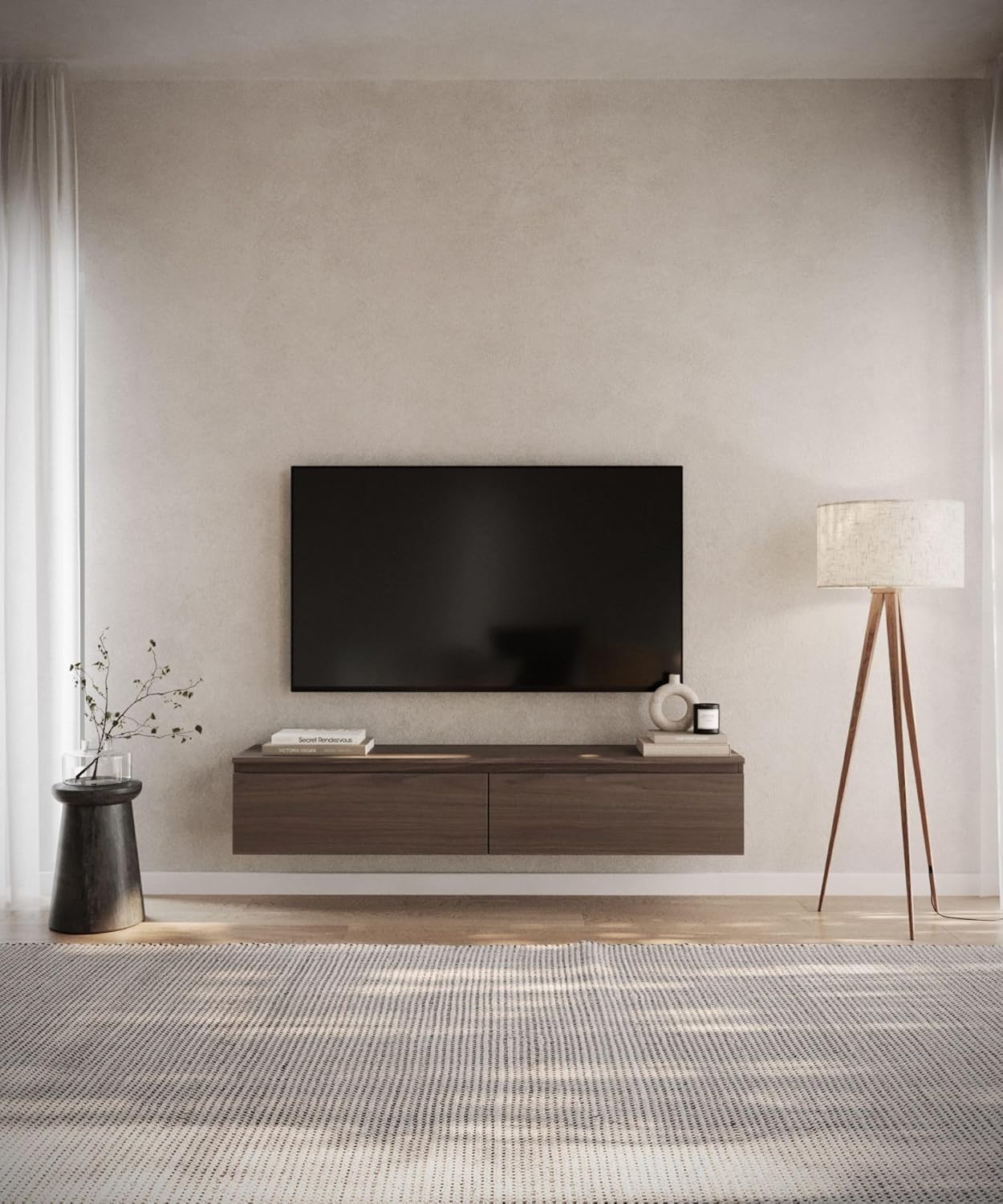 Selsey Hängeboard Bemmi 28,4x150x31,8 cm, Minimalistisches TV Lowboard, Wisconsin-Walnuss, Hochwertige Spanplatte mit ABS-Kanten, Zwei Klappenfächer,Melaminbeschichtet, Ideal fürs Wohnzimmer