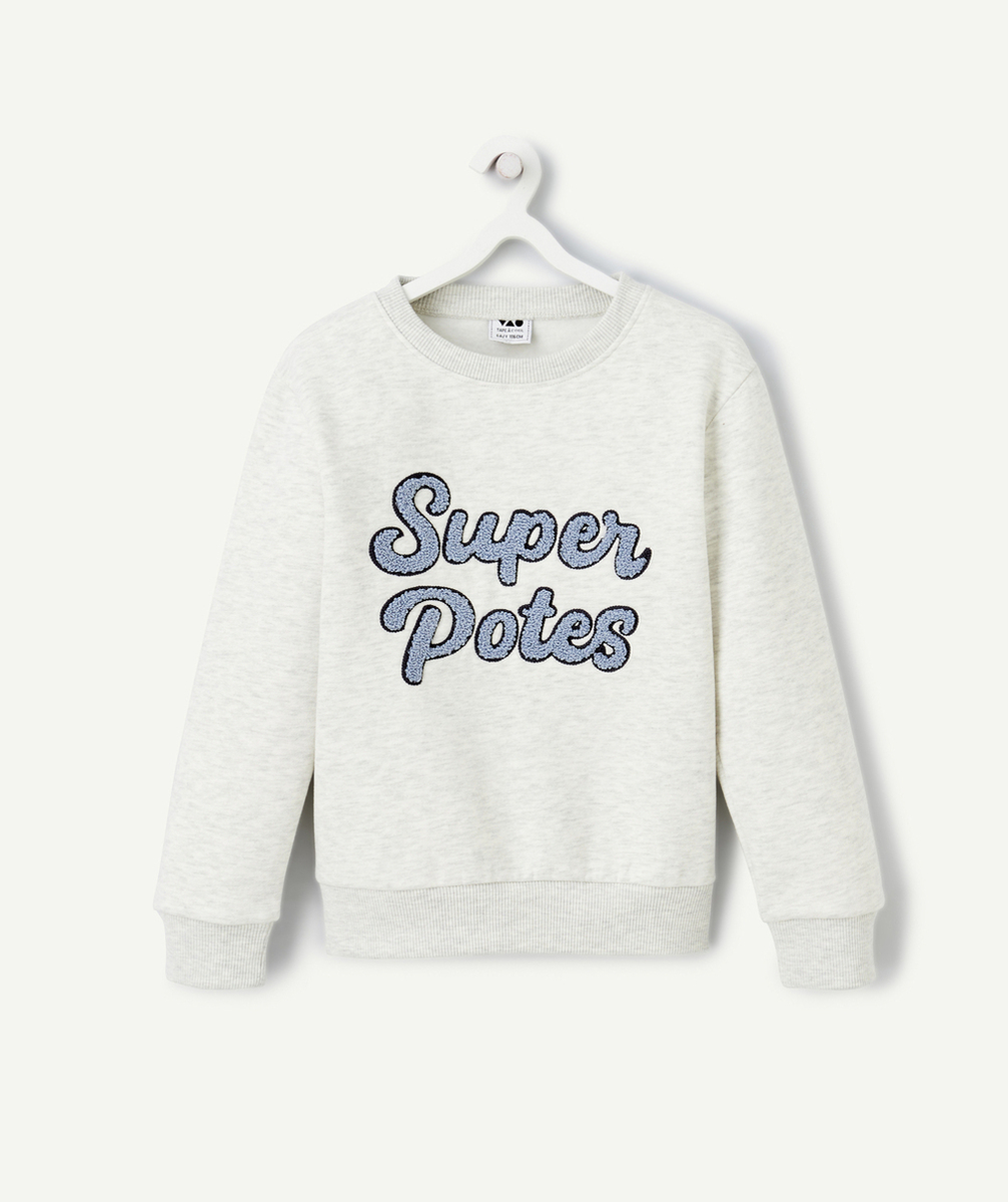SWEAT GARÇON EN FIBRES RECYCLÉES GRIS CHINÉ AVEC MESSAGE EN BOUCLETTES BLEU
