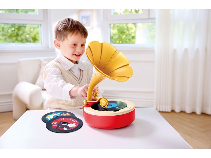 Hape Kinder-Grammophon Voll funktionsfähiges Kinder-Grammophon mit 2 Musikplatten sowie 1 Aufnahmescheibe