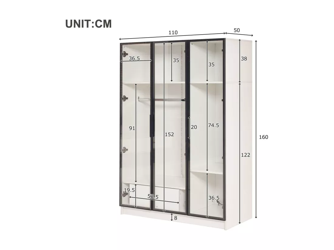 Vitrine H 160 cm avec lumière LED - 3 portes vitrées et 1 tiroir - Blanc