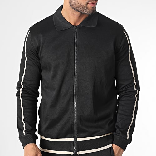 Ensemble Veste Zippée et Pantalon Jogging à Bandes Noir Beige