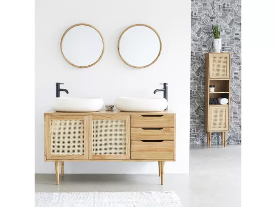 Meuble de salle de bain en mindi massif et cannage 135 cm