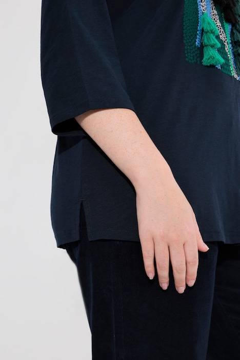 Shirt, Stickerei, Rundhals, 3/4-Arm, Biobaumwolle
