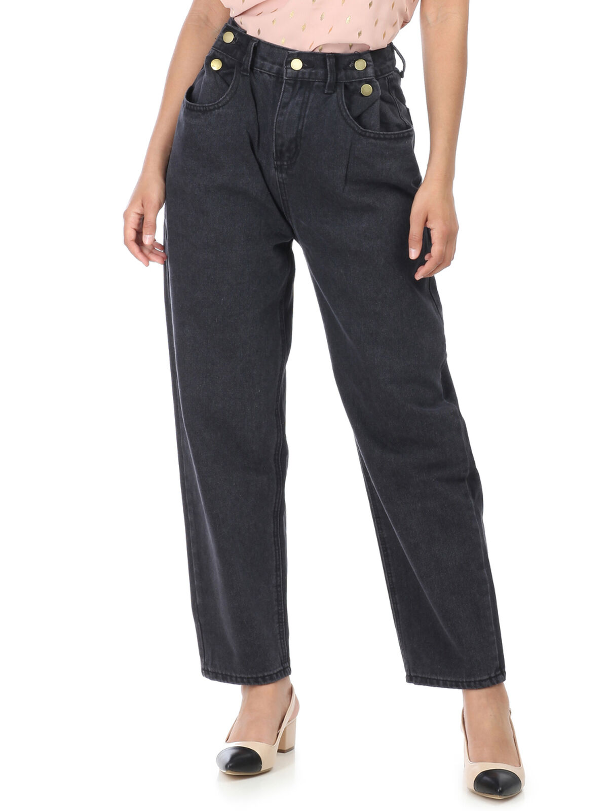Jeans ample à boutons- Noir