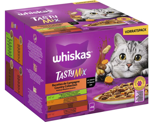 Whiskas Tasty Mix natvoer voor katten, multipack Country Collection met lam, kip en wortel in saus, met kip en kalkoen, met eend en met rundvlees en gevogelte. Volwassen voeding, 24 x 85 g, 2,04 kg
