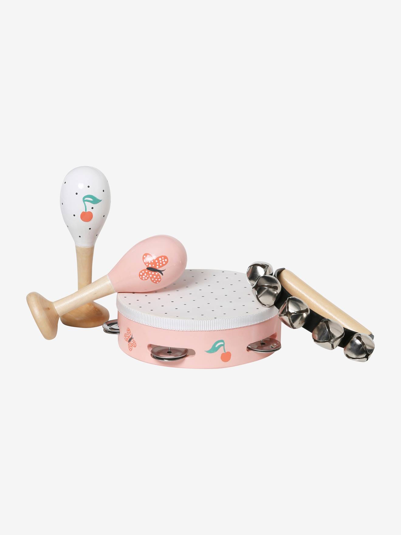 Kit multicolorido de maracas, pandeiro e sinos de madeira com certificação FSC®
