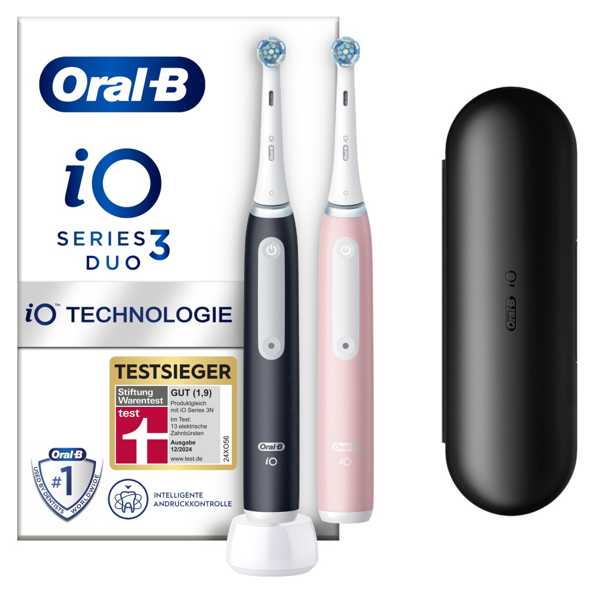 Oral-B iO Series 3 Elektrische Zahnbürste/Electric Toothbrush, Doppelpack, 2 Aufsteckbürsten, 3 Putzmodi für Zahnpflege, Magnet-Technologie, Reiseetui, TESTSIEGER Stiftung Warentest (12/2024), Matt Black/Blush Pink