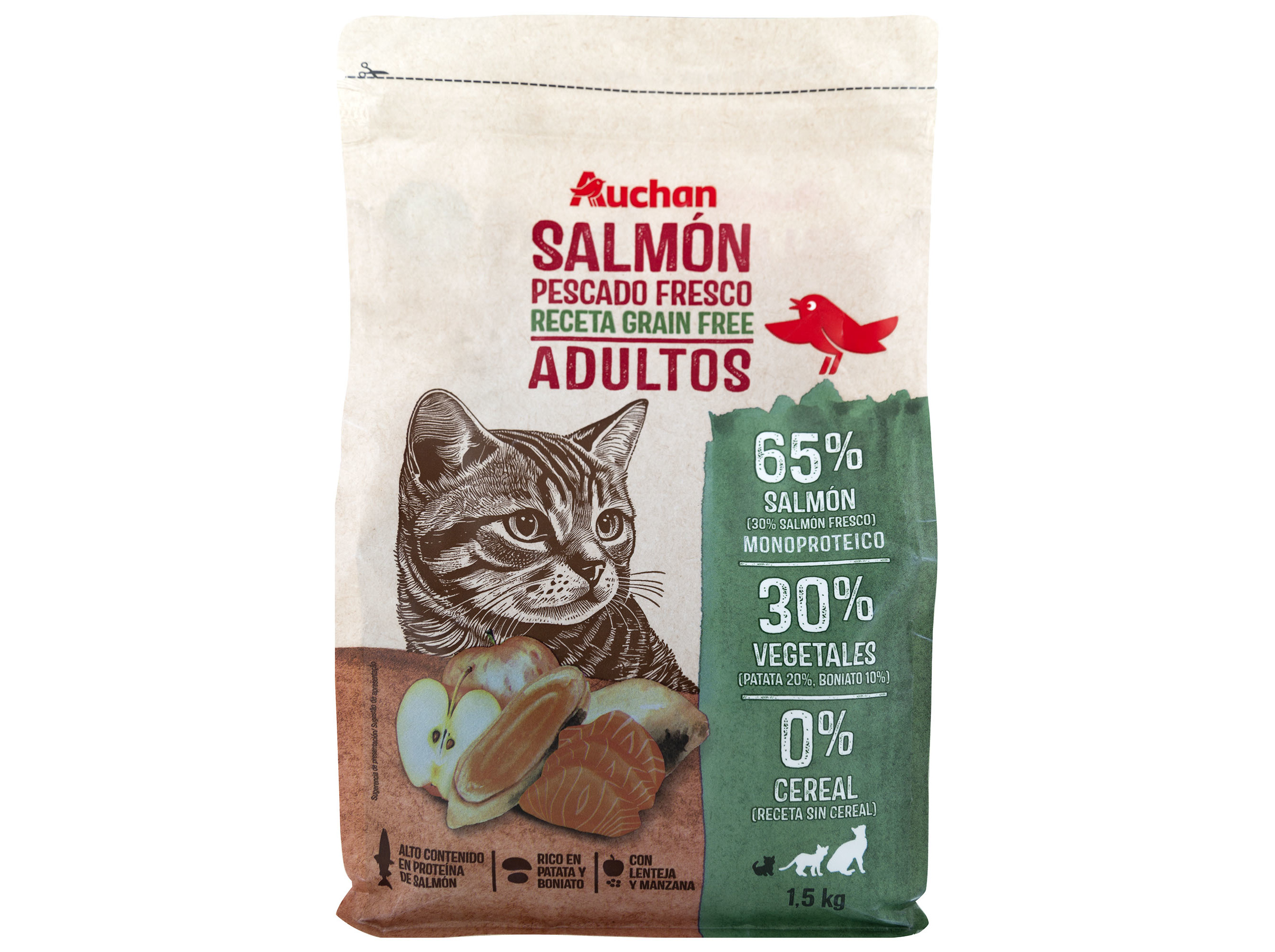 RAÇÃO PARA GATO AUCHAN GRAIN FREE SALMÃO FRESCO 1.5KG