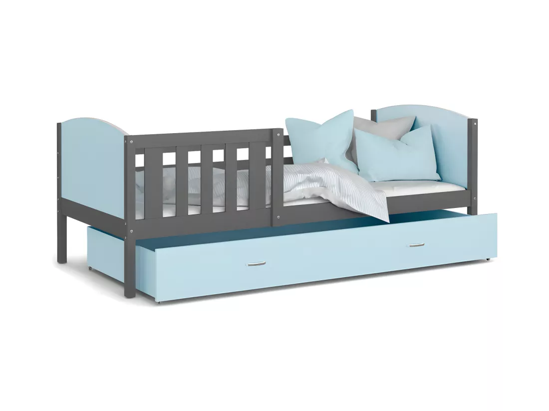 Lit Gigogne Tomy 90x190 Gris - bleu Livré avec sommiers, tiroir et matelas en mousse de 7cm