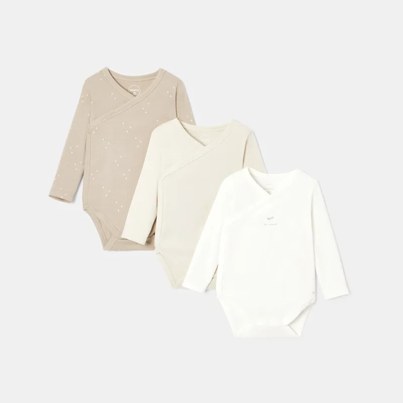 Lot de 3 bodies cœur croisé à manches longues en coton bio beige naissance Absorba Beige