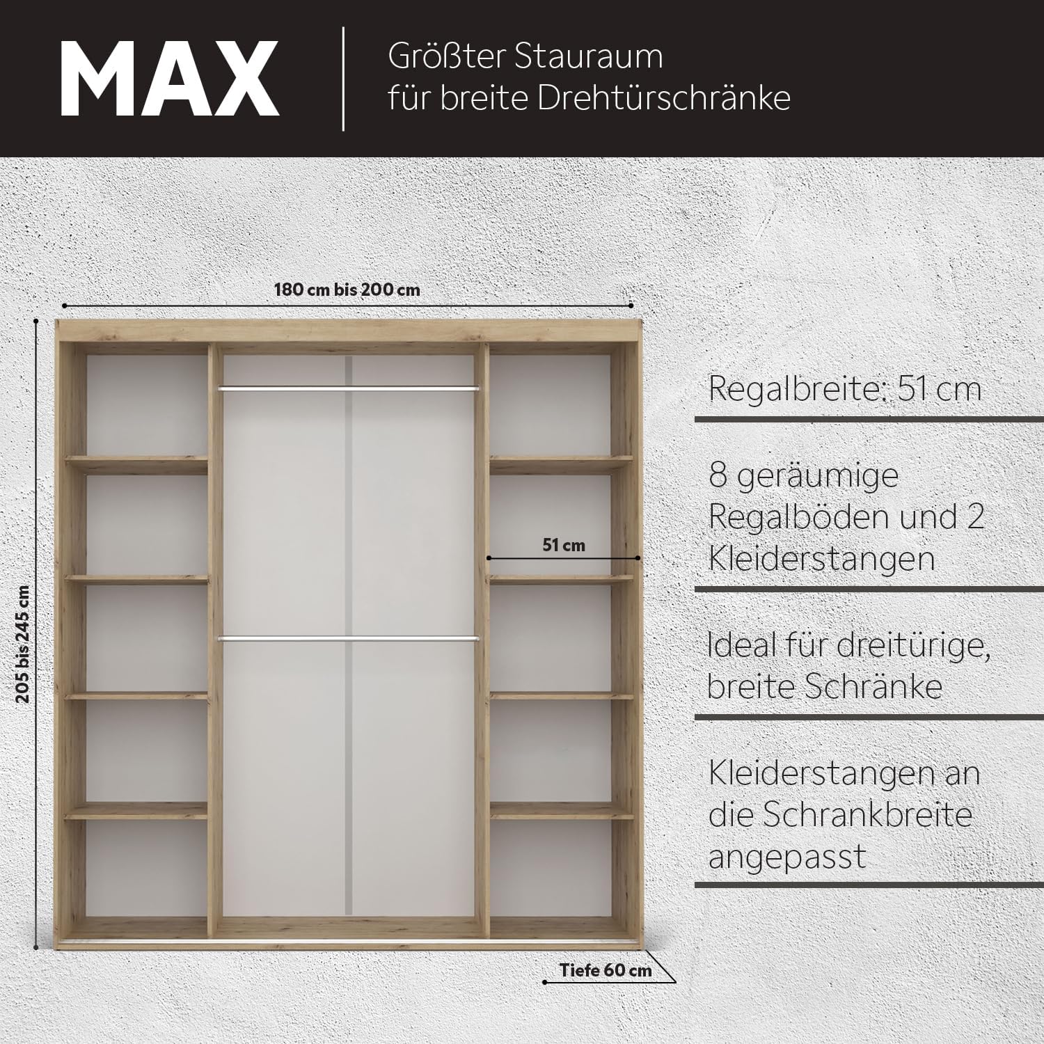 VIKK - Kleiderschrank - Garderobenschrank Groß mit Spiegel - 220x60x225cm - Schrank mit Schiebetüren, 2 Kleiderstangen, Schrank nach Bestelleingang gefertigt, FLA Weiß, Innenausstattung MAX