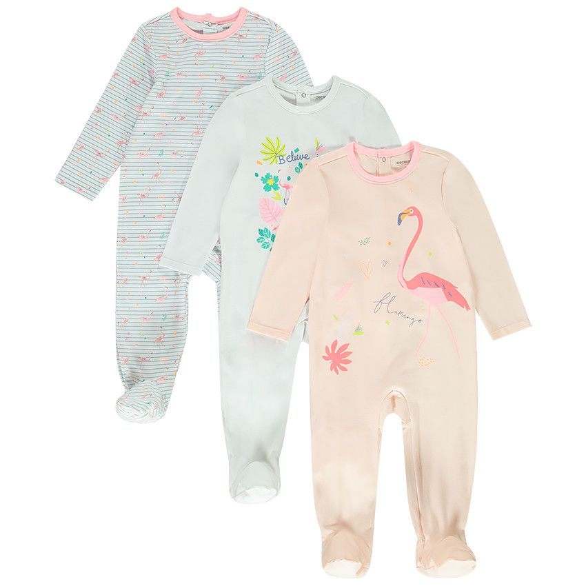 Lot de 3 dors-bien à manches longues imprimé flamants roses pour bébé fille - Blanc