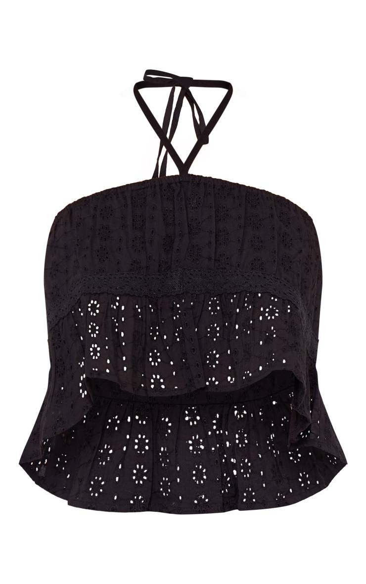 Noir Top Court Licou À Broderie Anglaise Et Bordure Crochet