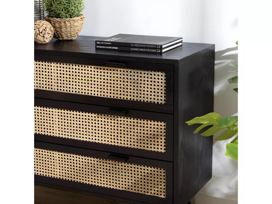 EMILIO - Commode noire 3 tiroirs cannage naturel