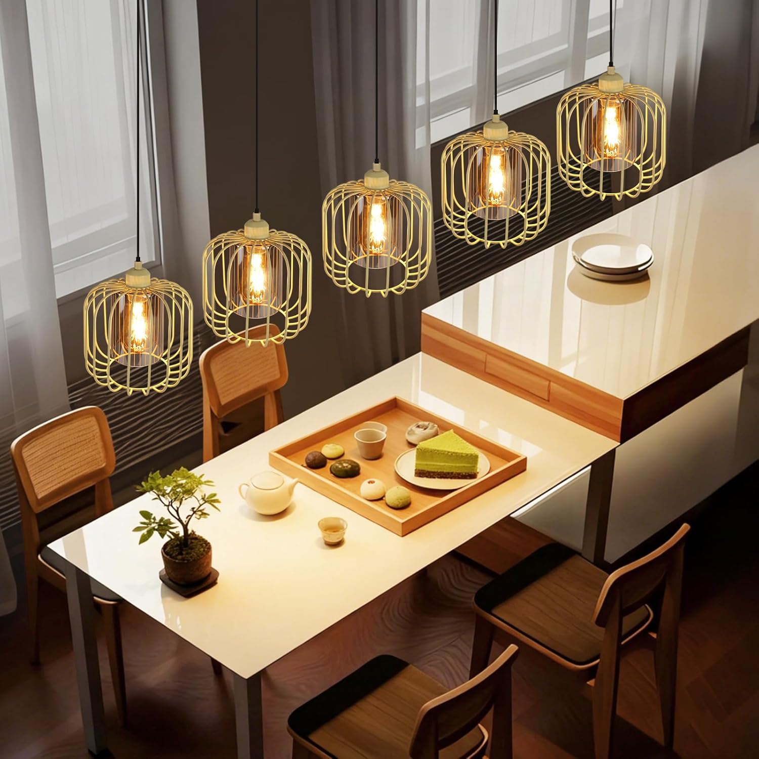 Pendelleuchte Esstisch Hängeleuchte Vintage - Hängelampe 5 Flammig Glas Esstischlampe Höhenverstellbar E27 Retro Pendellampe Metall Esszimmerlampe für Küche Wohnzimmer (ohne Leuchtmittel)