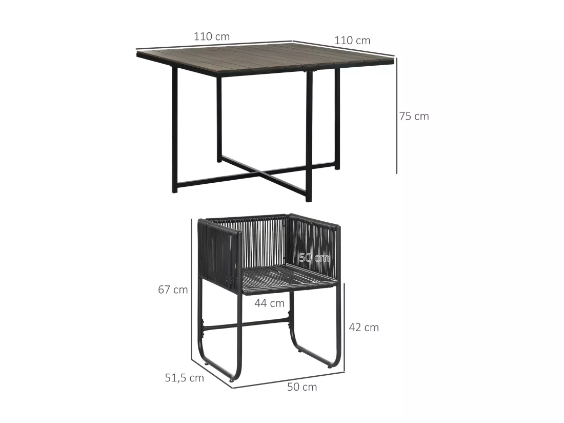 Ensemble salon de jardin encastrable 4 personnes 5 pièces - coussins déhoussables - métal résine filaire noir gris