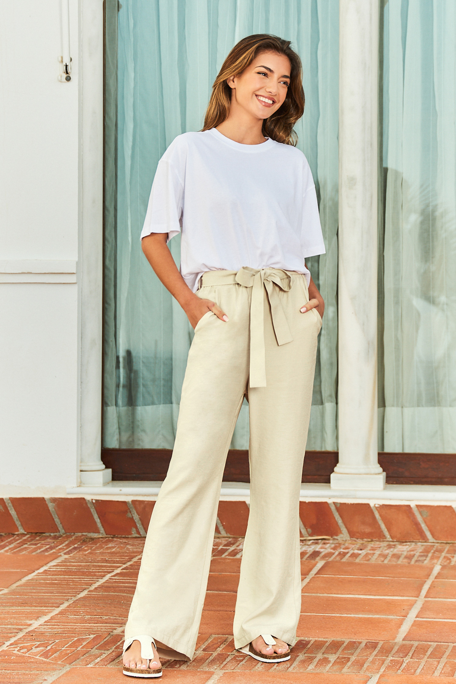Pantalon droit à nouer à la taille abricot