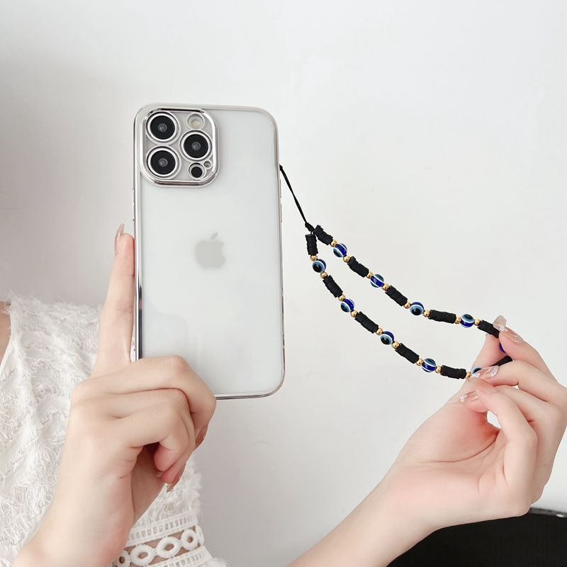(21cm) Universal Handy Kette Phone Charms Schmuck Anhänger Handgelenkschlaufe mit Nazar Auge - Schwarze Steine